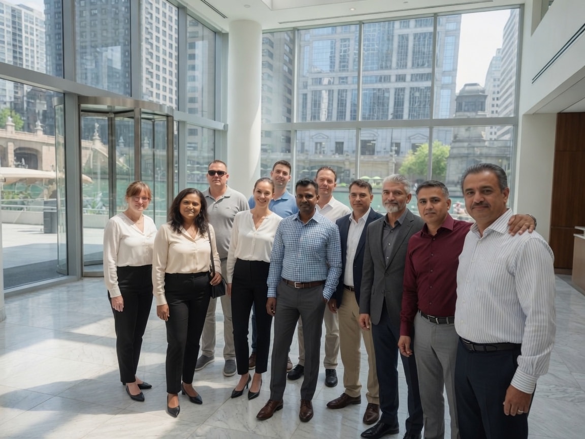 ISG teammates in a Chicago office lobby